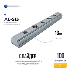 Слайдер 100 мм. AL-S13 с комбинированной резьбой М6 и М8 для паза 13 мм.