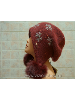 Вязаная шапка ушанка с помпонами  2018 Vizio Визио Италия 5851 бордовая