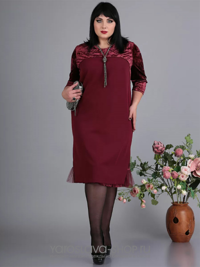 Платье бордовое из сочетания бархата, плательной ткани и сетки