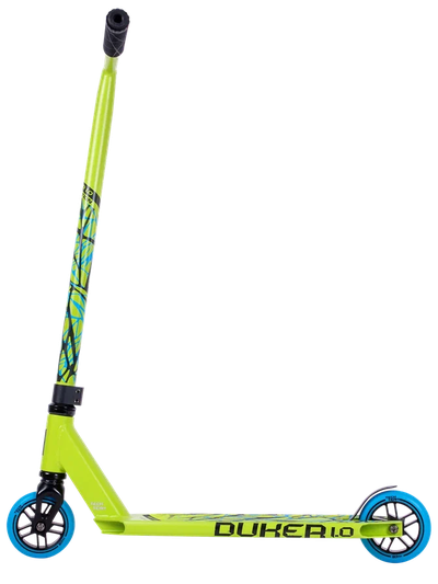 “Трюковой самокат Tech Team Duker 1.0 в неоново-зеленом цвете.”