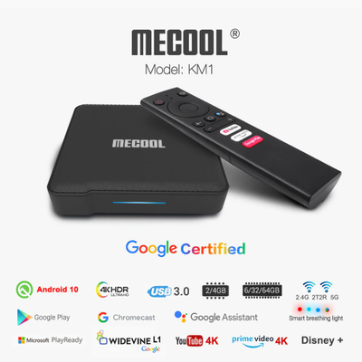 Смарт ТВ приставка Mecool  KM1 deluxe 4/32 Гб с пультом с голосовым поиском (операционная система Android TV)
