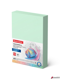 Бумага цветная BRAUBERG, А4, 80 г/м2, 500 л., пастель, зеленая, для офисной техники. 115221