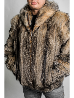 Шуба куртка пилот мужская зимняя с капюшоном, натуральный мех волк арт. Ми-002