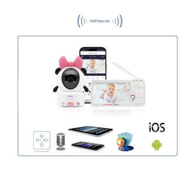 WiFi Видеоняня Ramili Baby RV700PANDA Пандочка, Малышарики, с креплением, 1 моторизированная видеокамера + монитор, 2К, с DVR
