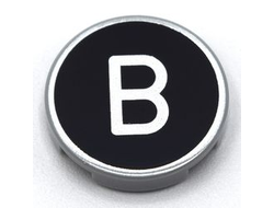 Tile, Round 2 x 2 with Bottom Stud Holder with Silver Capital Letter B on Black Background Pattern, Light Bluish Gray (14769pb423 / 6353000)