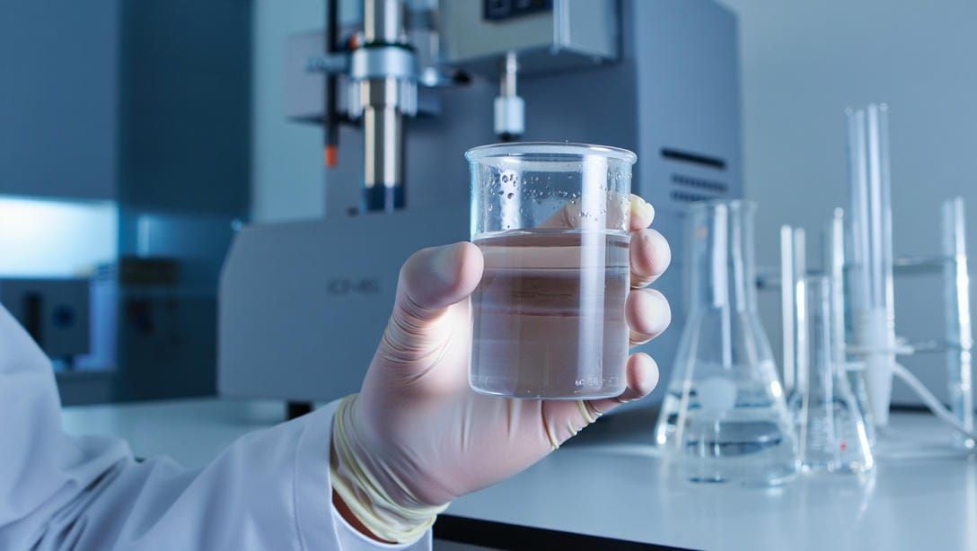 Лаборант в перчатках подготавливает пробирку с водой для анализа ртути в лаборатории