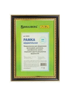 Рамка 21х30 см, пластик, багет 30 мм, BRAUBERG "HIT4", черная с двойной позолотой, стекло, 390993