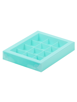 Коробка для 12 конфет с прозр. кр. (бирюза), 190*150*30мм