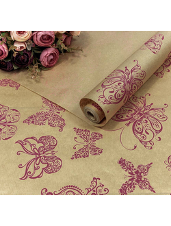 Бумага крафт упаковочная для подарков\цветов (принт "Мотыльки" крафт/розовый), 70см*10м