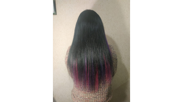 Коррекция наращивания волос плюс окрашивание в два цвета тёмный и фиолетовый с добавлением волос для наращивания фото и работа домашняя мастерская Ксении Грининой 2