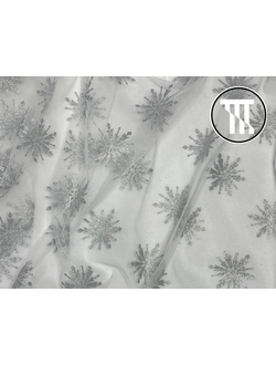 Фатин с серебряными снежинками, цв. Белый