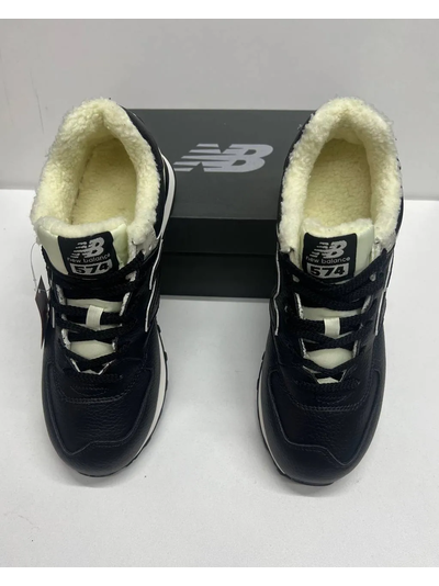 New Balance 574 Leather White Black с мехом