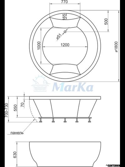 Ванна акриловая 1Марка 1,8*1,8 ОМЕГА круглая 600л (каркас+панель)