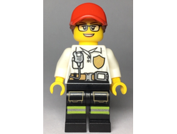 Fire - Female White Shirt with Fire Logo Badge and Belt, Reflective Stripes on Black Legs, Red Cap with Ponytail, n/a (cty0970)