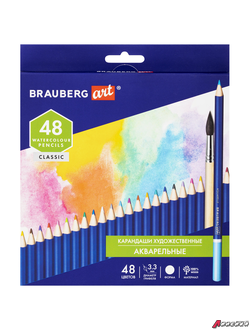 Карандаши художественные цветные акварельные BRAUBERG ART CLASSIC, 48 цветов, грифель 3,3 мм. 181532