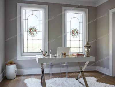 Витражная пленка, витражная пленка самоклеющаяся под заказ,пленочный витраж флора с птицами