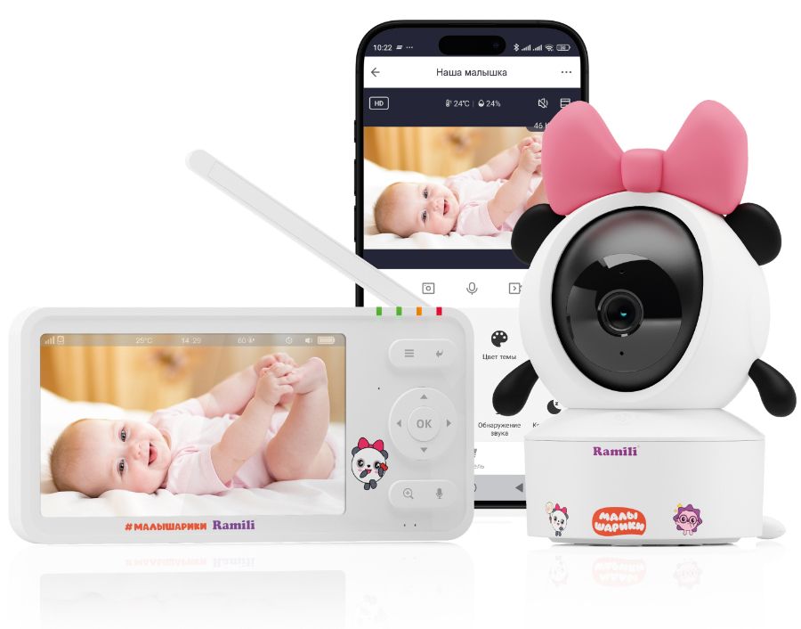 WiFi Видеоняня Ramili Baby RV700PANDA Пандочка, Малышарики, с креплением, 1 моторизированная видеока