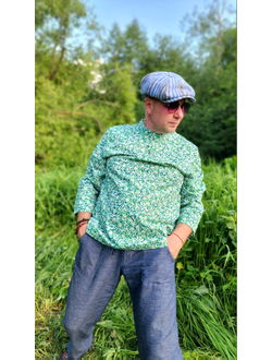 Русская рубашка "Сорочица"  мужская, с зеленым принтом