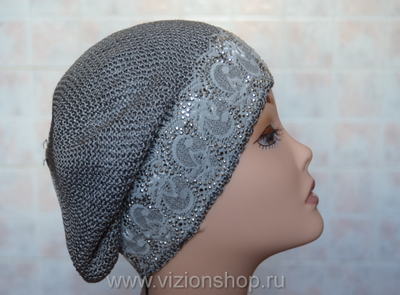 вязаный летний серый женский берет с кружевом фото