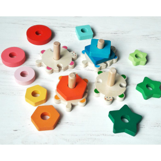 Деревянный пазл черепашки, сортер с колышками и геометрическими кольцами - фигурами BeeZee Toys