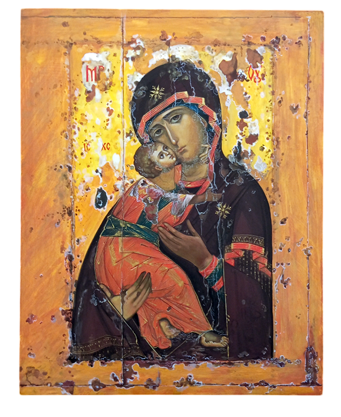 Владимирская Богородица. Рукописная икона, стилизованная "под старину"