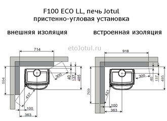 Установка печи Jotul F100 ECO LL пристенно в угол, какие отступы с изоляцией стен