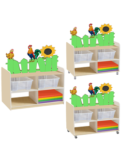 ТУМБА ДЛЯ ИГРУШЕК И ПОСОБИЙ 19 ДВУСТОРОННЯЯ С 4-МЯ КОНТЕЙНЕРАМИ И МИНИ-МАТАМИ