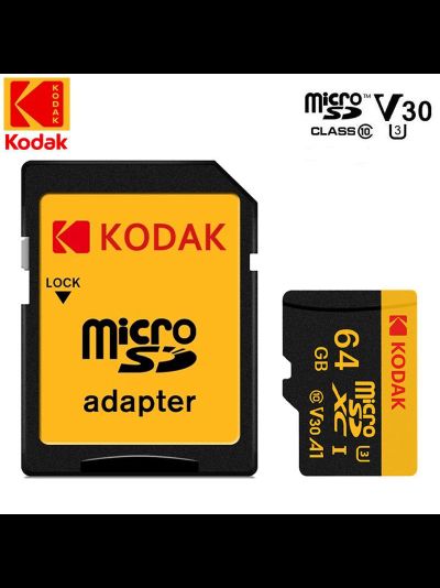 Карта памяти Kodak Micro SD, класс 10, UHS-1 U3 V30 A1 на 64 ГБ, чтение 90 МБ/с, запись данных 30 МБ/с, + переходник SD