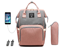 СУМКА-РЮКЗАК ДЛЯ МАМЫ LEQUEEN С USB (серый-розовый)