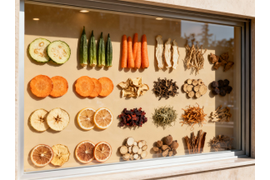 Сушеные овощи и фрукты на витрине