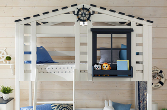 Кровать 2 ярусная чердак-домик из массива сосны  КИДС 20 с бельевыми ящиками и лесенкой