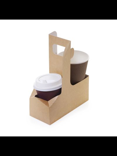 Держатель картонный для 2 стаканов с ручкой (крафт/белый)