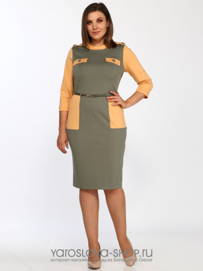 Платье цвета хаки и горчицы, комбинированное