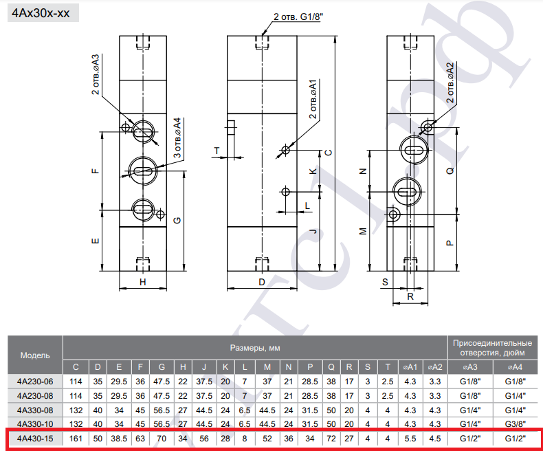 Габаритные и присоединительные размеры 5/3 пневмораспределителя 4A430-15