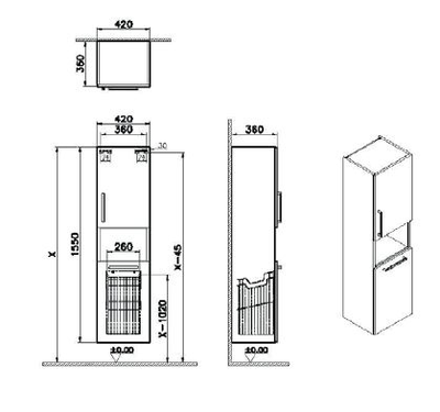 Пенал высокий, Vitra Root, 40 см, с корзиной для белья, кордоба, правосторонний, 68013