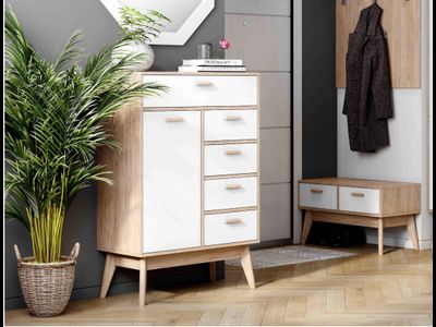 Калгари прихожая Комод высокий 805х390х1190 дуб натуральный светлый / белый матовый