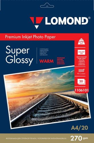 Суперглянцевая тепло-белая (Super Glossy Warm) микропористая фотобумага Lomond для струйной печати, A4, 270 г/м2, 20 листов.