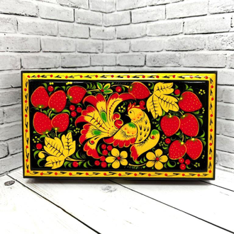 Шкатулка для денег Птица с клубникой 180х100 мм деревянная с росписью Хохлома