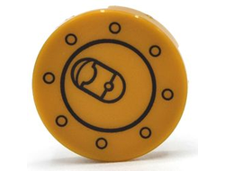 Tile, Round 2 x 2 with Bottom Stud Holder with Black Circles Fuel Cap Pattern, Pearl Gold (14769pb478 / 6369868)