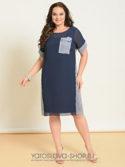 Летнее платье прямого кроя из шифона с карманом и спинкой в полоску