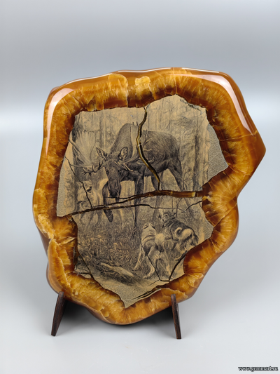 Пано "Волчья охота", симбирцит (кальцит). 240*195*20мм