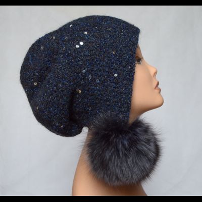 Меланжевая женская шапка ушанка с помпонами Vizio 6444 Италия синяя