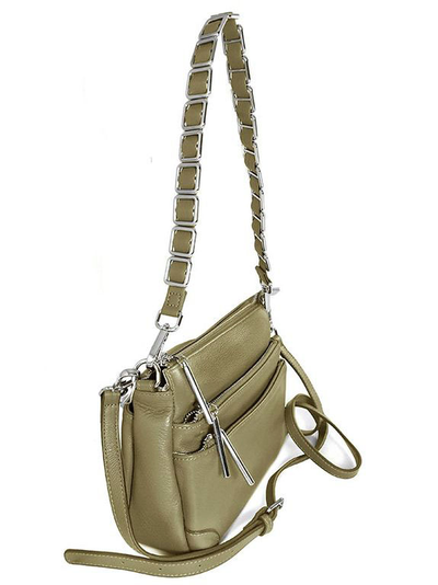 (АРТИКУЛ: 9106/1/22) СУМКА ЖЕНСКАЯ МАЛЕНЬКАЯ, КОЖАНАЯ, С ТРЕМЯ НАРУЖНЫМИ КАРМАНАМИ, ОЛИВКОВАЯ, ДВА РЕМНЯ ЧЕРЕЗ ПЛЕЧО