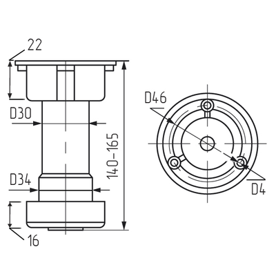 Опора кухонная регулируемая 145-165мм, разборная, черная (без клипсы) под саморез