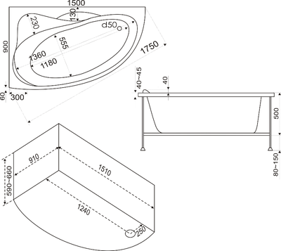 Акриловая Ванна Bas Вектра 150х90 левая, с каркасом