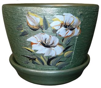 Зеленый керамический горшок для комнатных цветов диаметр 13 см с рисунком цветок