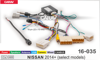 Комплект проводов для подключения Android ГУ (16-pin) / Power + Speakers + Antenna + Camera + Wheel + USB + CANBUS  NISSAN	16-035