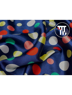 Атлас-стрейч принт Цветные горохи, цв. Пурпурно-синий