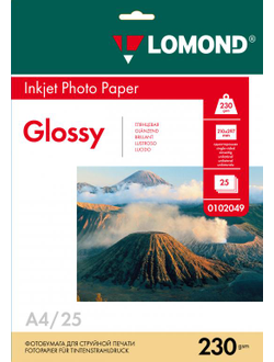 Односторонняя Глянцевая фотобумага Lomond для струйной печати, A4, 230 г/м2, 25 листов.