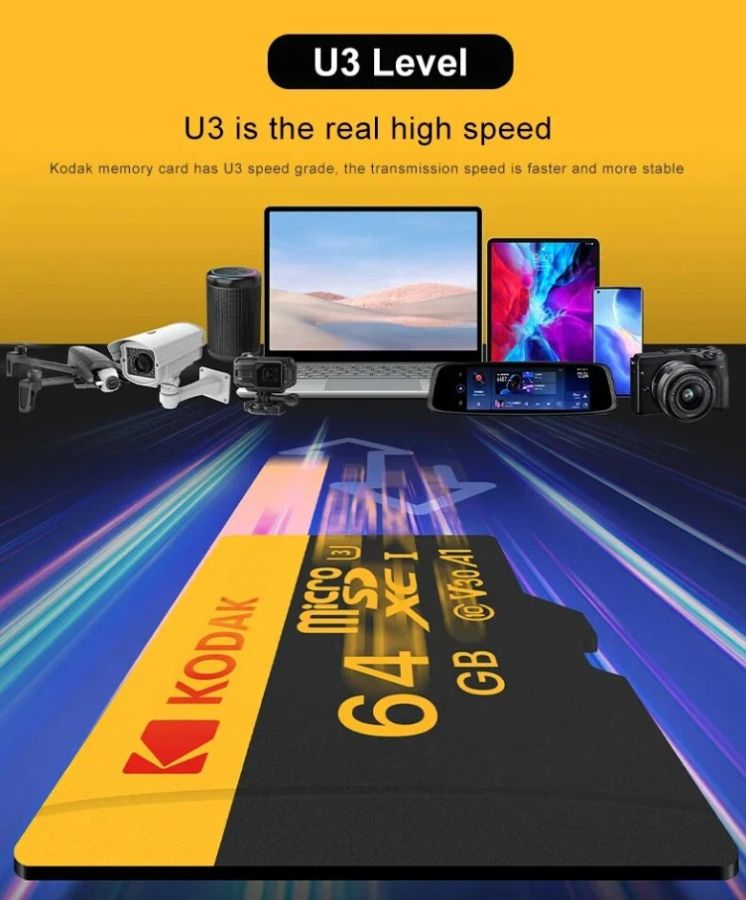 Карта памяти Kodak Micro SD, класс 10, UHS-1 U3 V30 A1 на 64 ГБ, чтение 100 МБ/с, запись данных 90 М